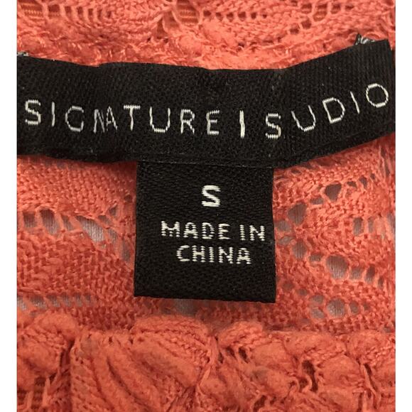 Crotchet Lace Coral Sz S Top Gathered Hem Orange Shirt Round Neckline 3/4 Sleeve - Picture 9 of 13